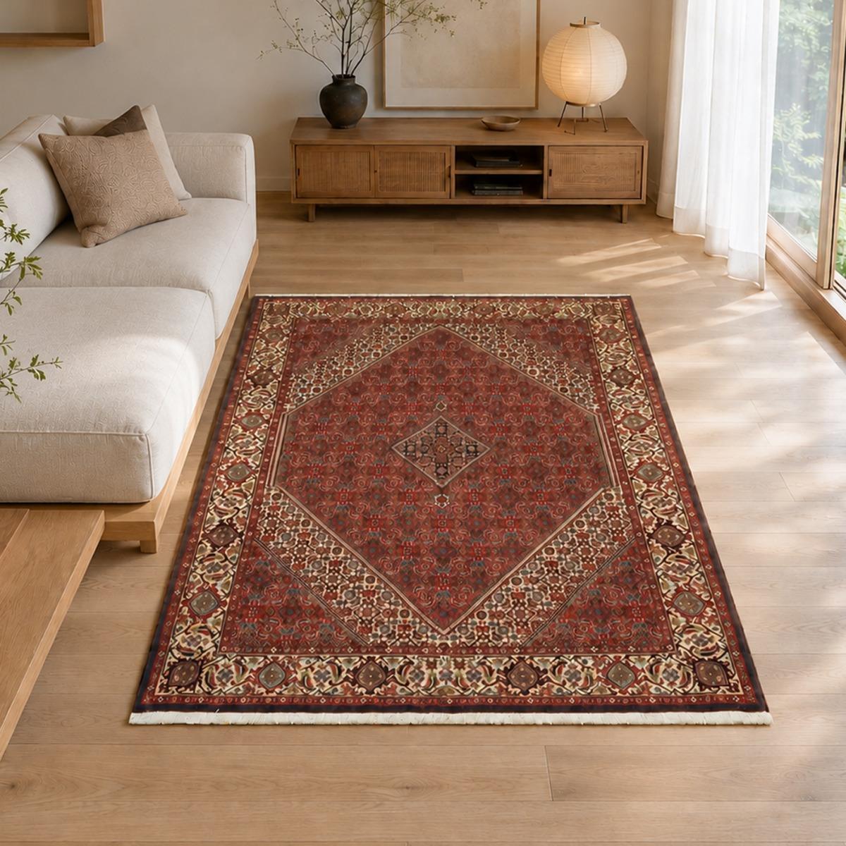 Tapis d'orient, motif oriental, noué main en laine, BIDJAR 3 rouge, bleu, crème, UN AMOUR DE TAPIS