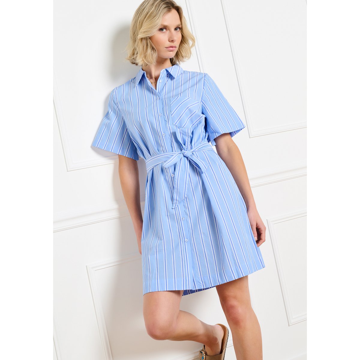 Robe chemise ceinturée rayée bleu, LOLALIZA