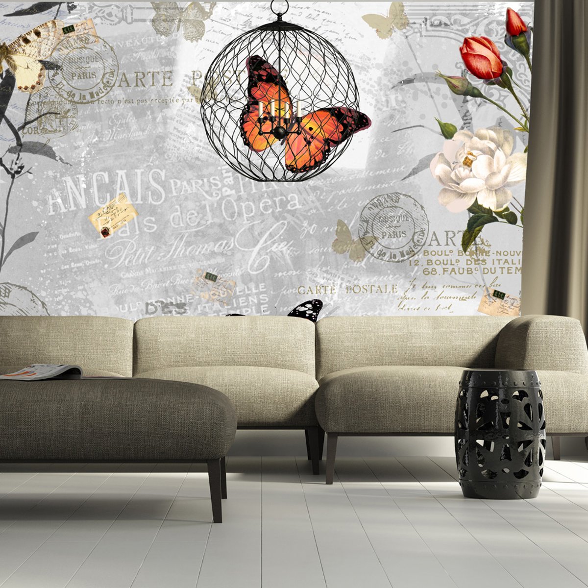 Papier peint intissé panoramique Animaux Butterflies song gris / argent, EDEN