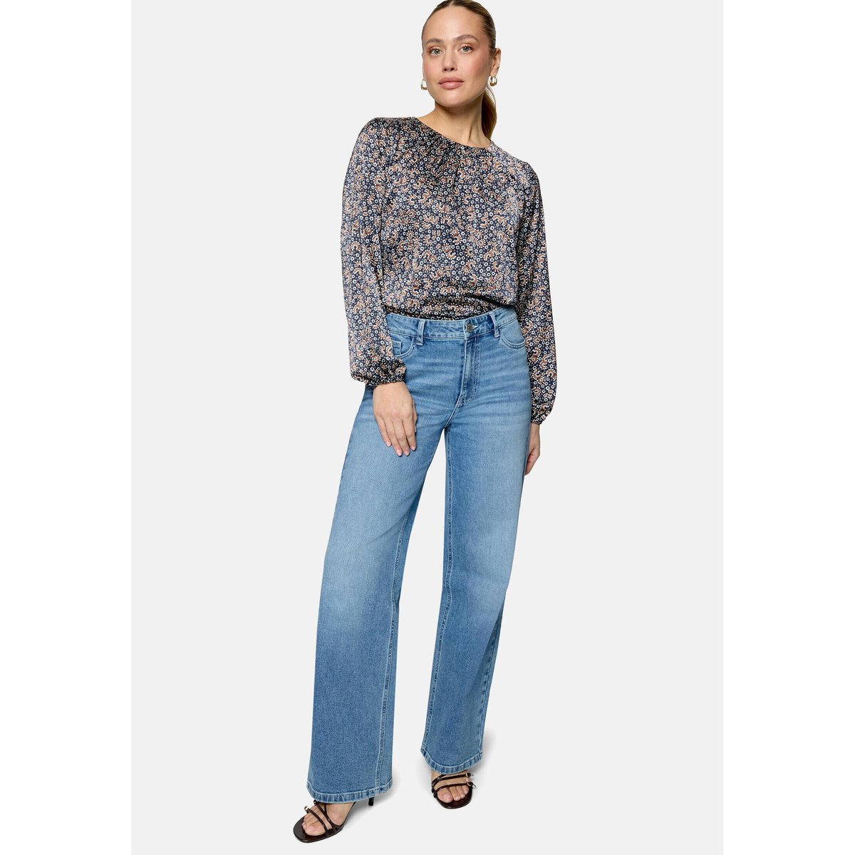 Satinbluse langarm mit blumen dark bluecream, ZERO
