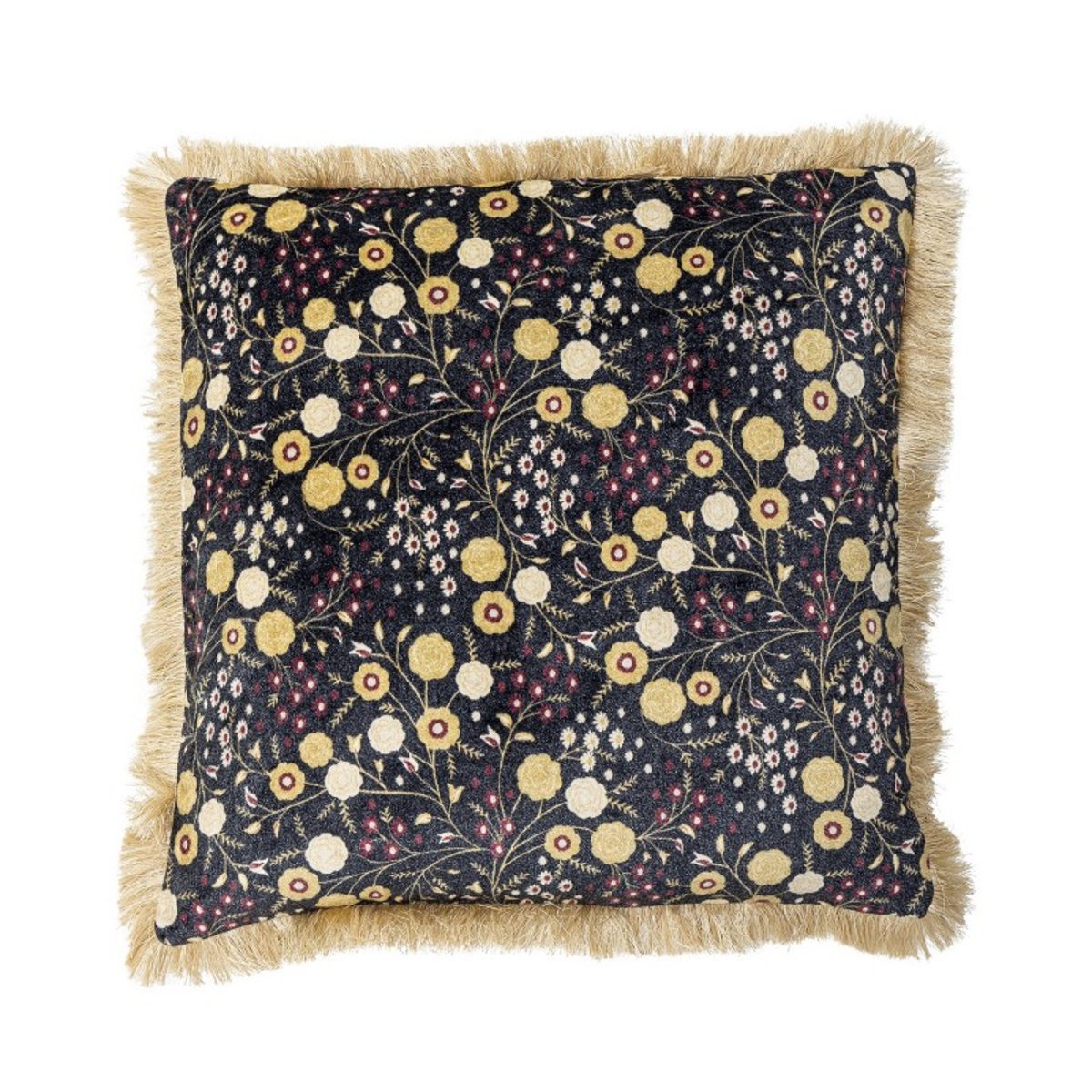 Coussin décoratif velours floral franges EYDIS bleu, BLOOMINGVILLE