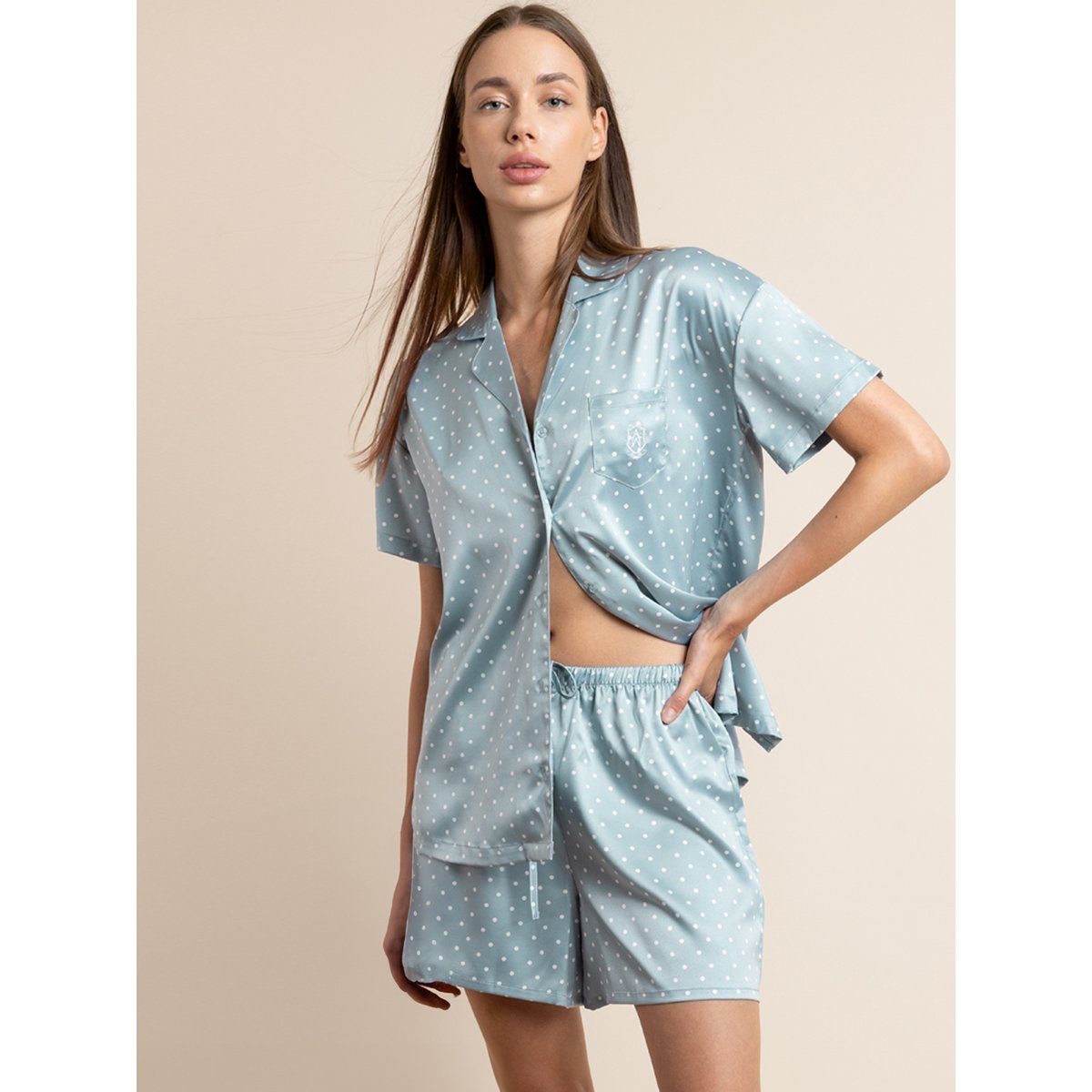 Pyjama satin short chemise Dots Lace vert, ADMAS