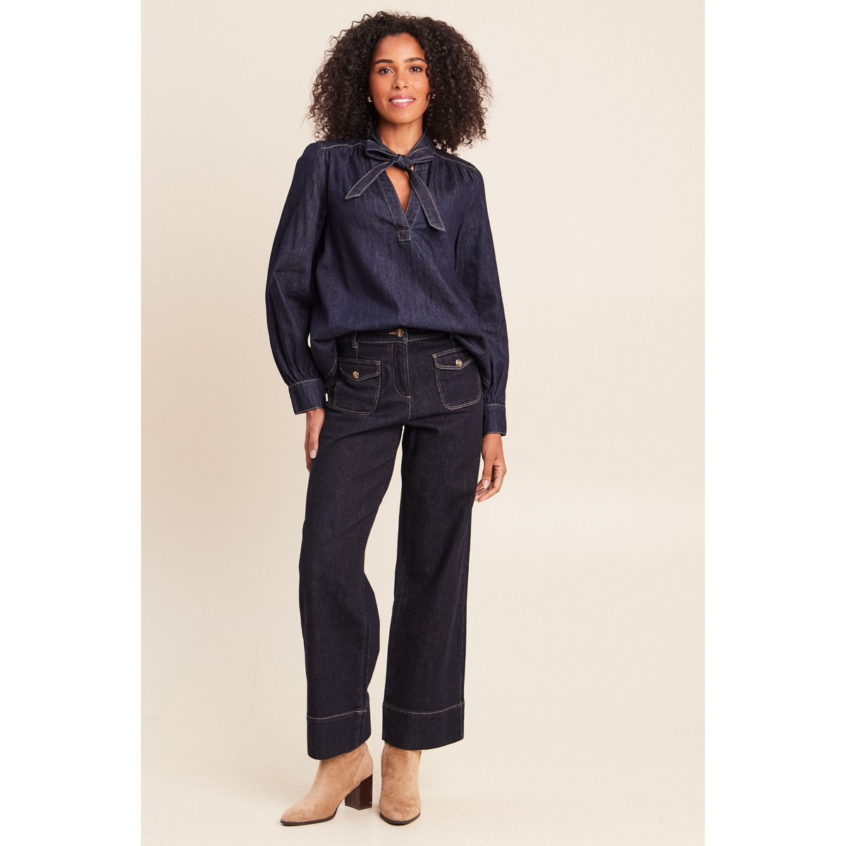 Blouse col v manches longues denim brut, BREAL