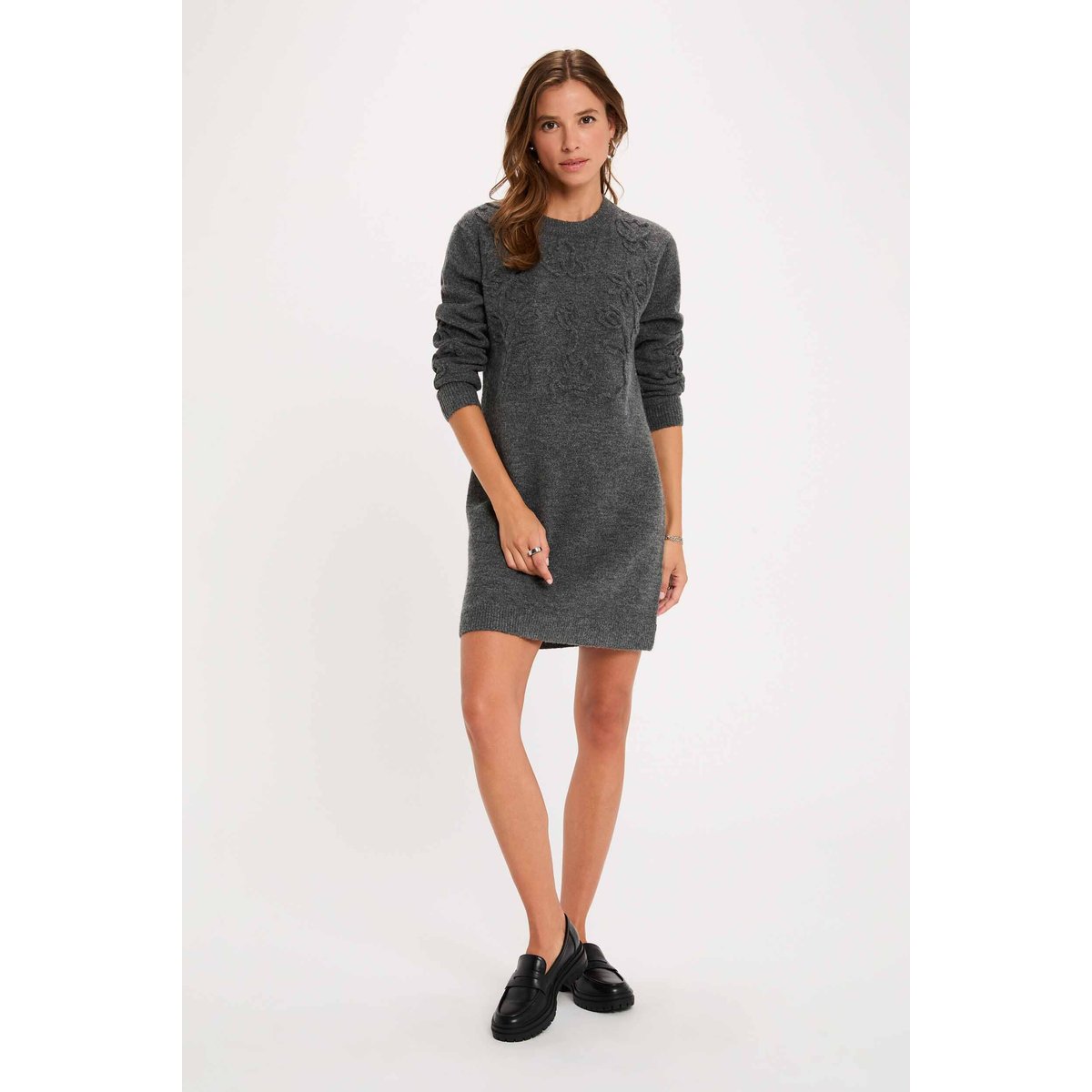 Robe tricot manches longues gris foncé, MORGAN
