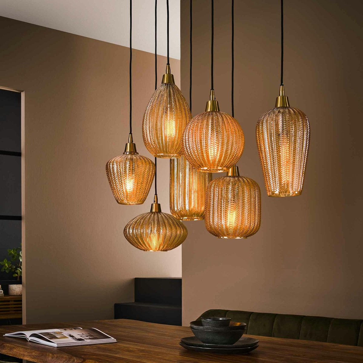Suspension en verre ambré 7 lampes NOVA marron, PIER IMPORT
