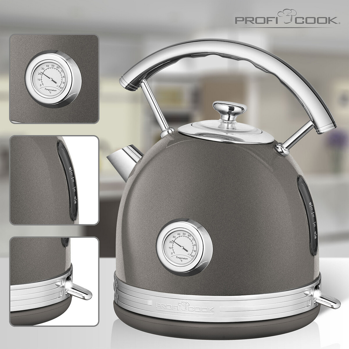 Jarro elétrico cinza vintage, 2200W, da Proficook cinzento, PROFICOOK