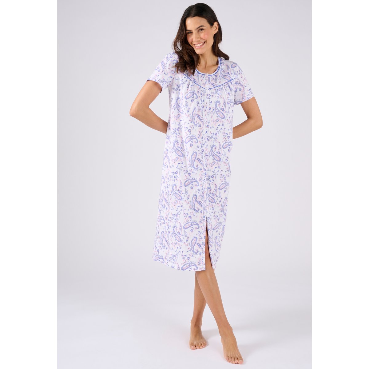 Chemise de nuit en maille jersey pur coton bleu imp. cachemire, DAMART