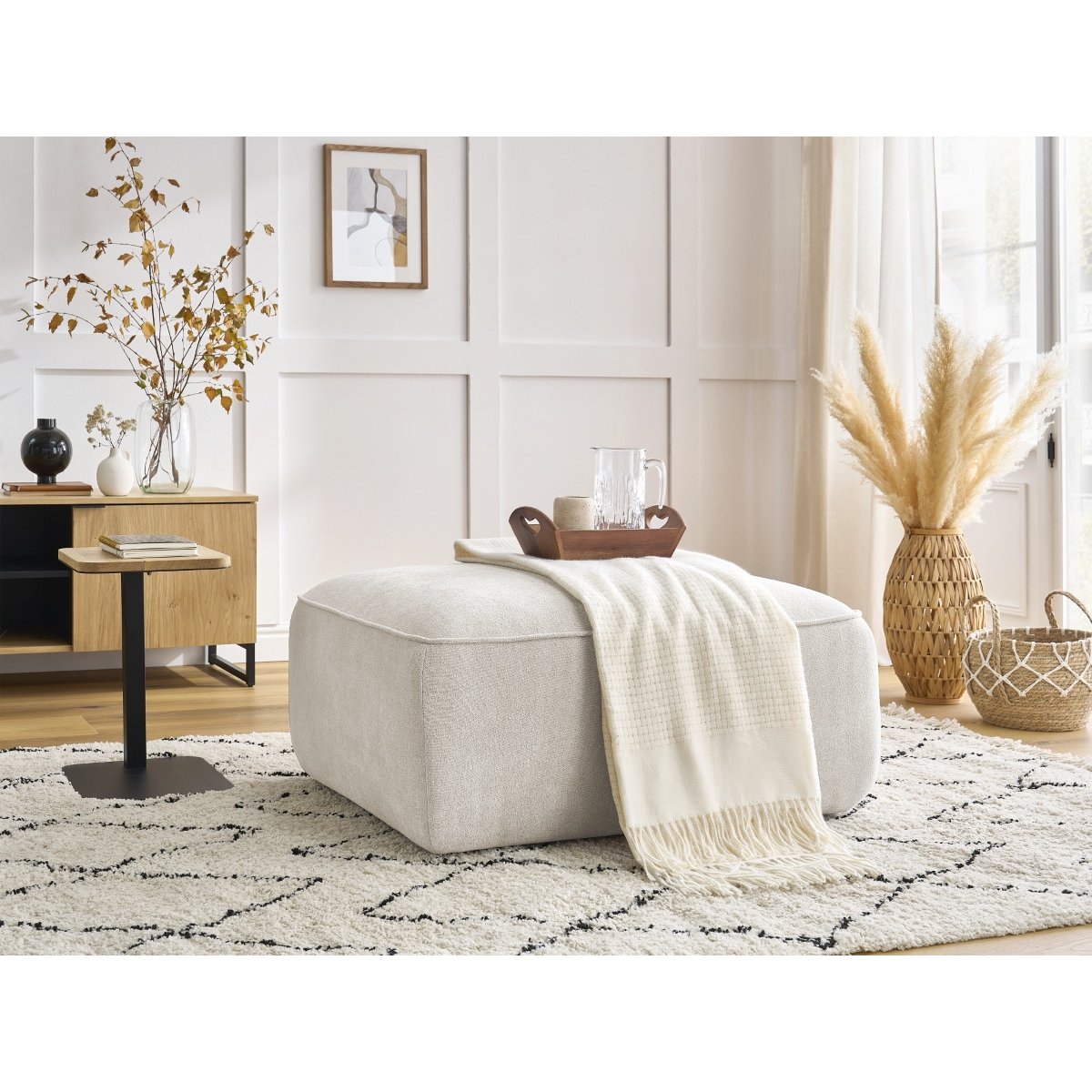Pouf tissu texturé, ZEPHYR blanc, BOBOCHIC
