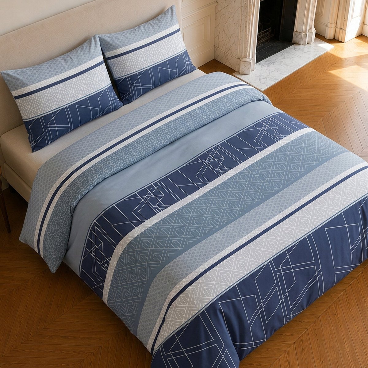 Parure de lit en coton motif géométrique, ULYSSE bleu marine, C DESIGN HOME TEXTILE
