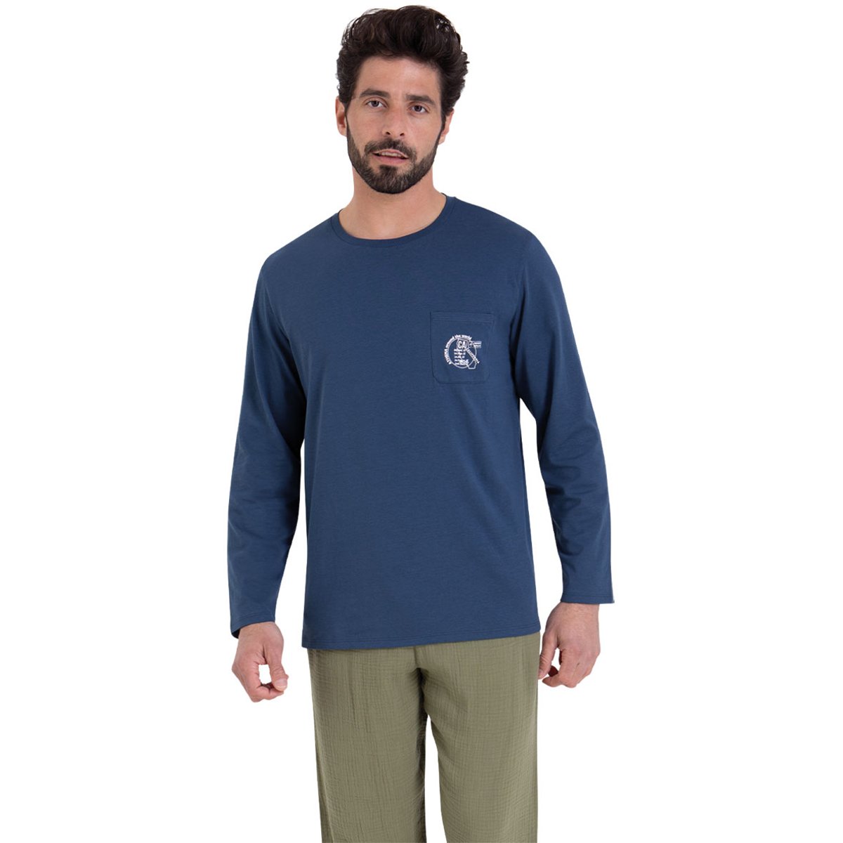 Pyjama court col rabat EASY COTON bleu-kaki, ATHENA