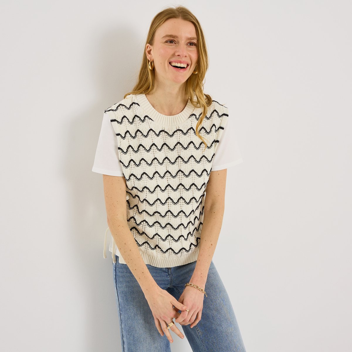 Pull manches courtes rayé blanc cassé ecru, GRAIN DE MALICE