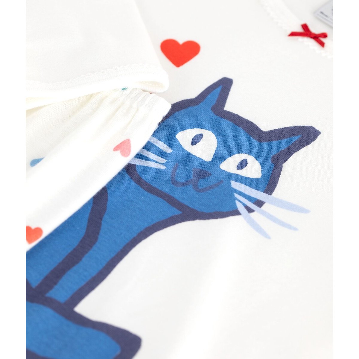 Pyjama en coton, motifs chat et coeurs blanc, PETIT BATEAU