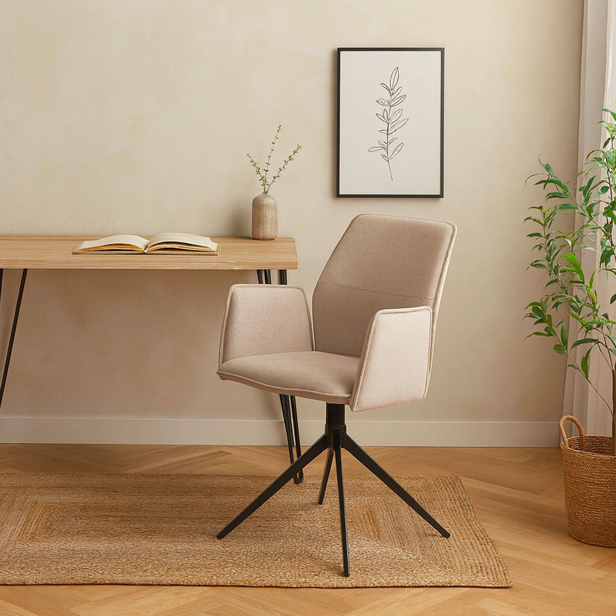 Fauteuil de bureau pivotant tissu beige 60.5x57.5x87cm beige, VERSA