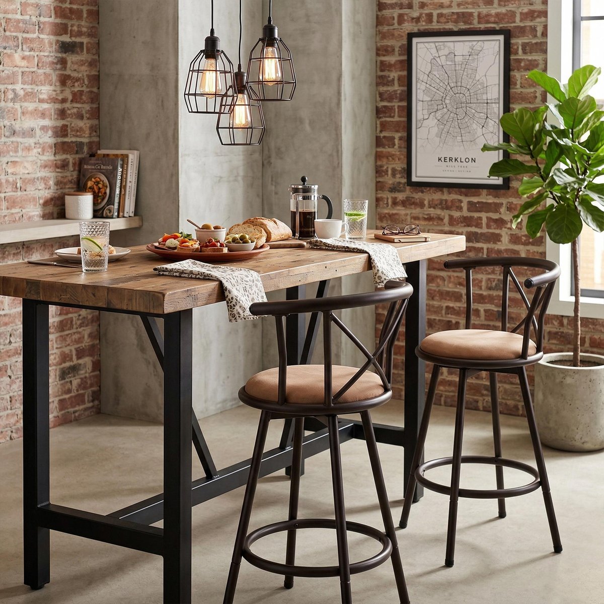 Lot de 2 tabourets de bar rotatif industriel, HAILEY marron, MEUBLES COSY