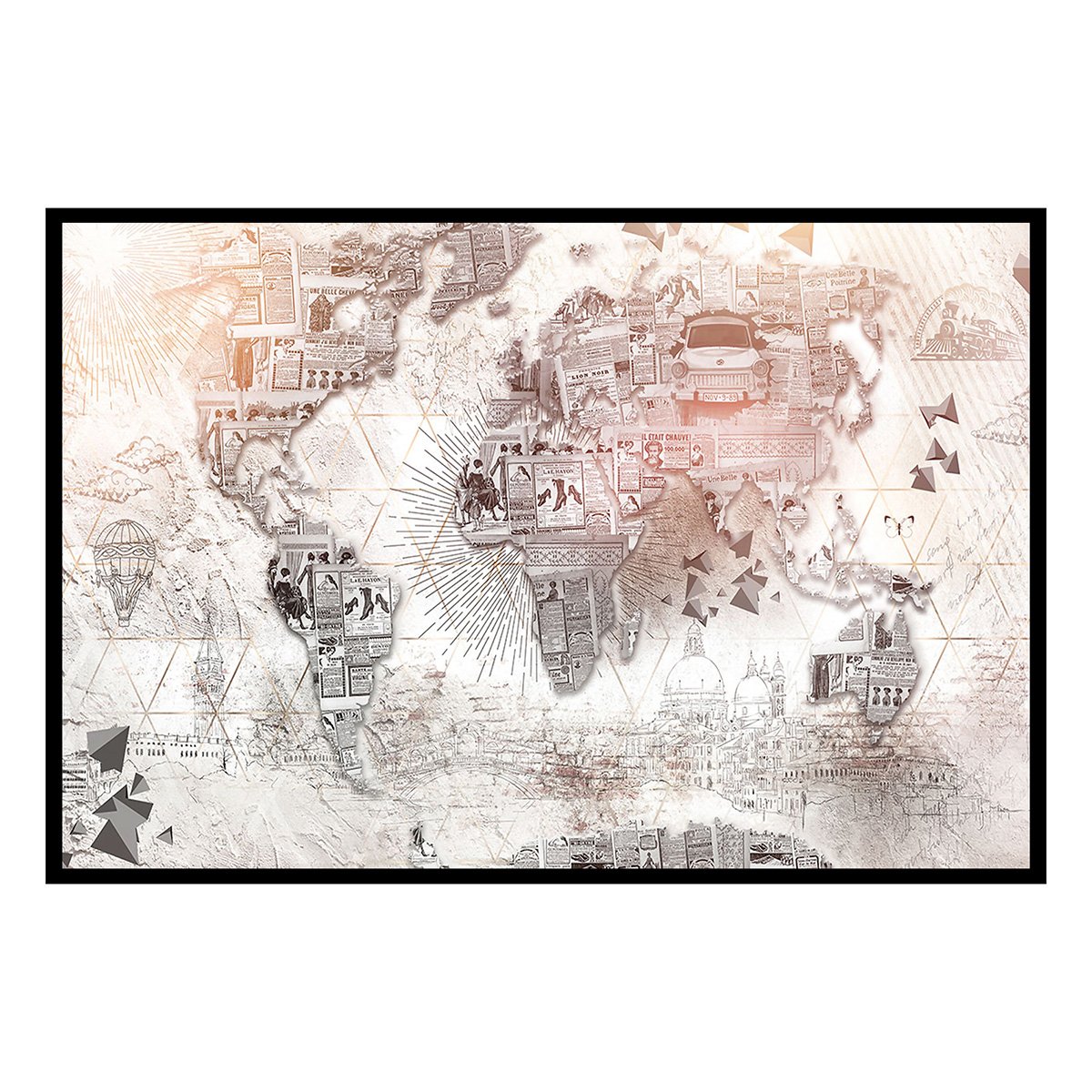 Affiche encadrée carte du monde vintage collage affiche + cadre en métal - noir, HEXOA