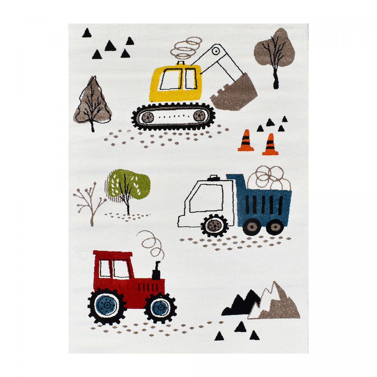 Tapis enfant TRUCKS certifié OEKO-TEX écru, jaune, bleu, vert, UN AMOUR DE TAPIS