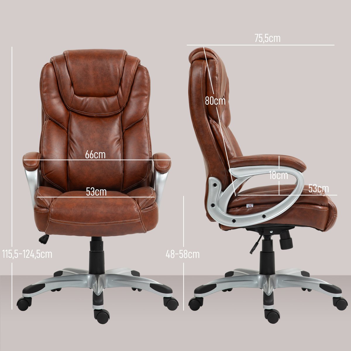 Chaise de bureau Revêtement synthétique marron, HOMCOM