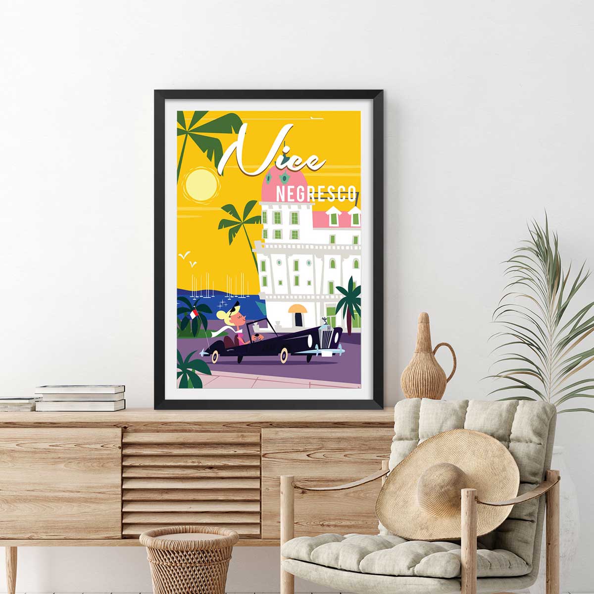 Affiche vacances à Nice affiche + cadre en bois - noir, HEXOA
