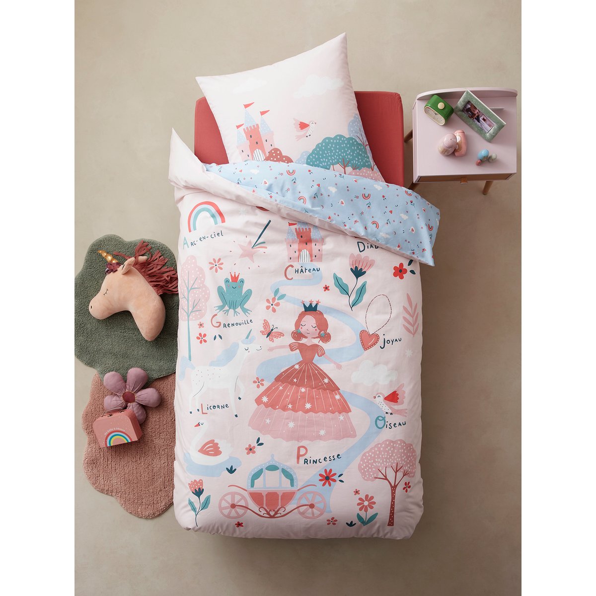 Parure housse de couette + taie d'oreiller ABC PRINCESSE mauve, VERTBAUDET
