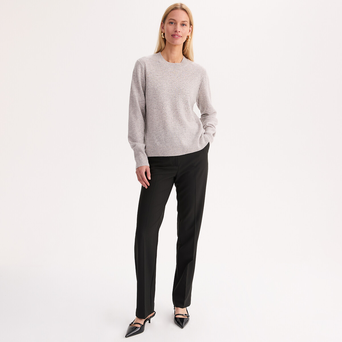 Jersey de cachemira con cuello redondo, punto fino gris jaspeado claro, ANNE WEYBURN