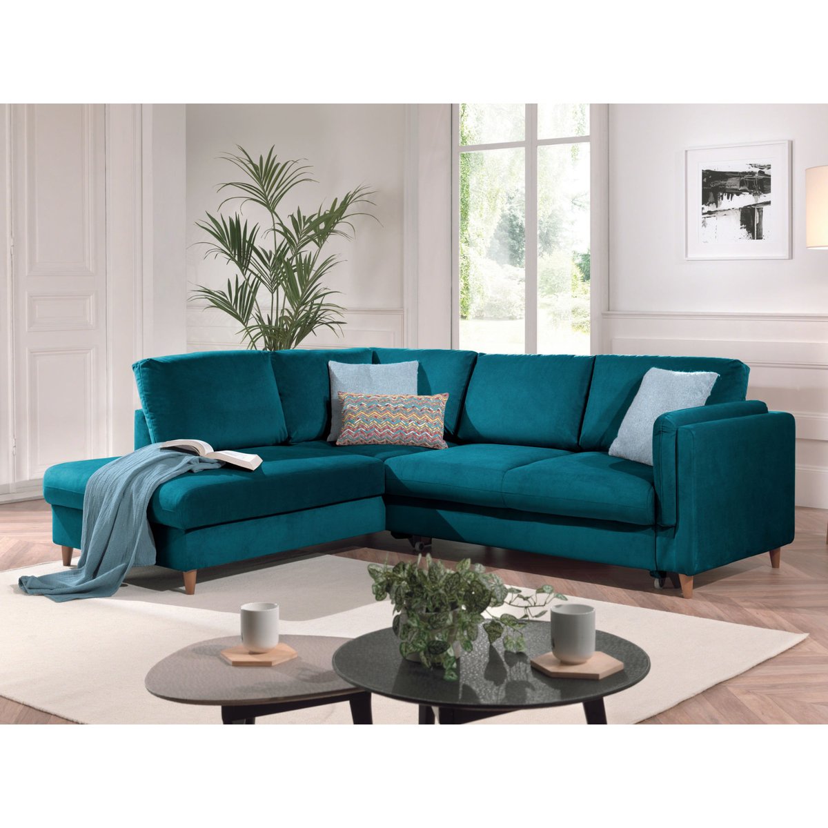 Canapé d'Angle Convertible 5 places - BROOKE bleu canard, BEST MOBILIER