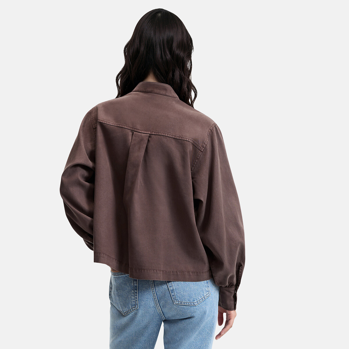 Chemise col montant manches bouffantes en lyocell et coton marron, LA REDOUTE COLLECTIONS
