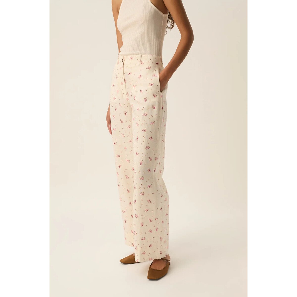 Pantalon large imprimé floral, TIFFAINE blanc imprimé fleurs roses, DES PETITS HAUTS