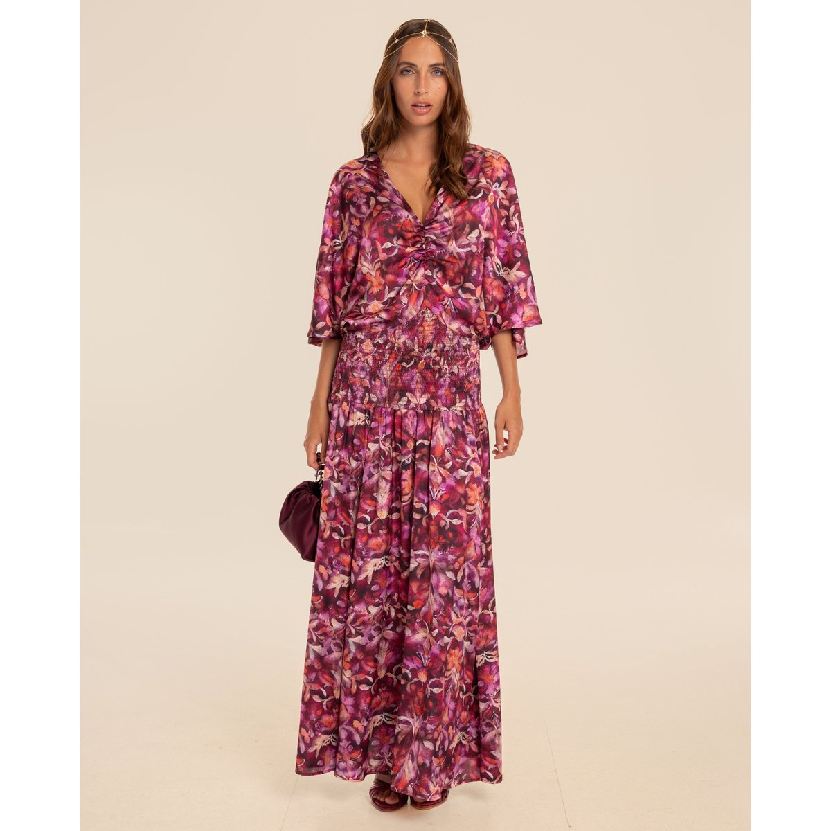 Robe midi froncée à smocks bougainvillier, THE-ARE