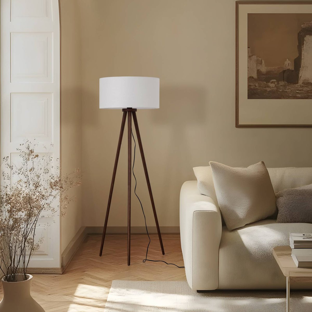 Lampadaire en textile scandinave, Charlia bois foncé, blanc, LINDBY