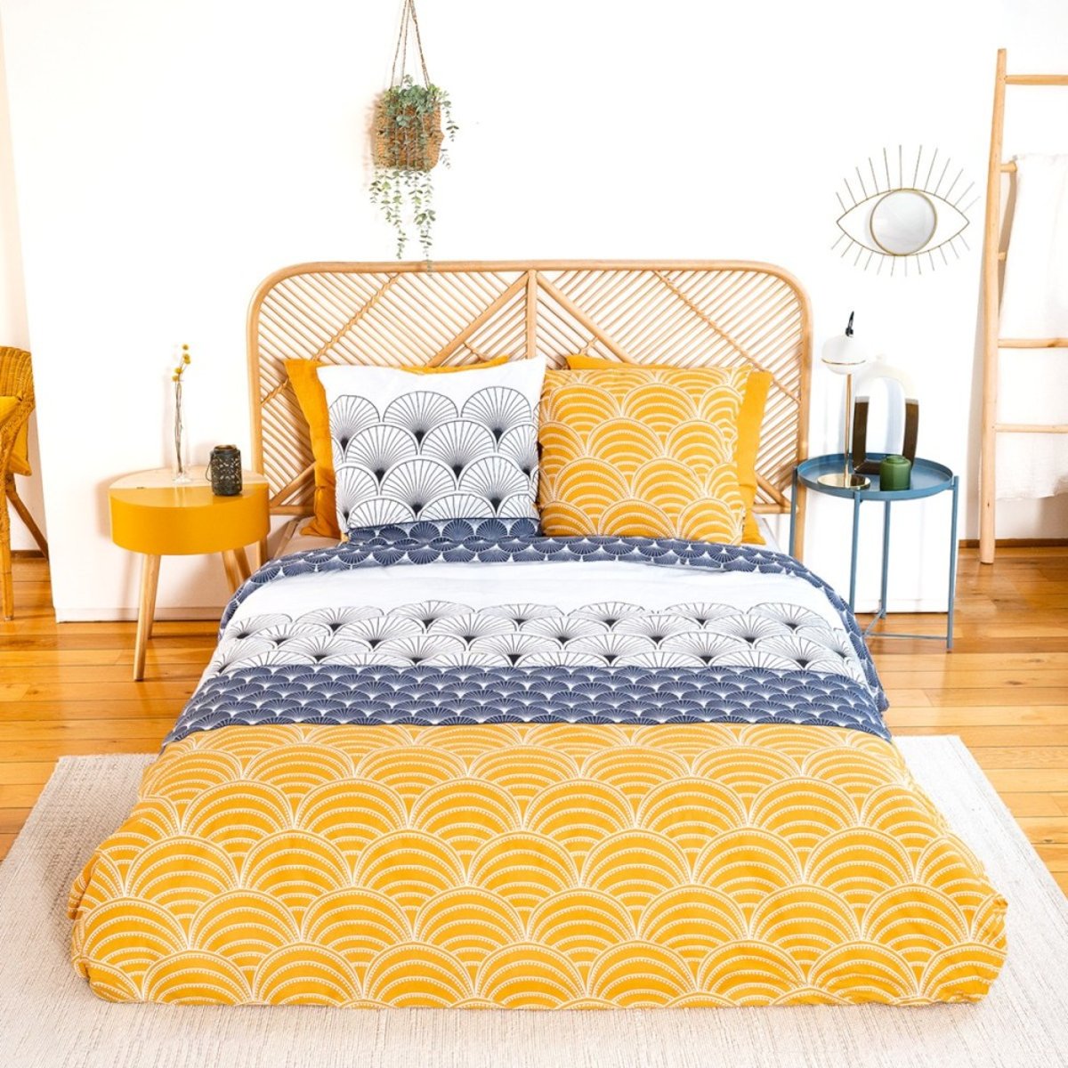 Housse de couette réversible 200x200 KERITA + 2 taies 100% coton adouci 57 fils/2 bleu, DECORATIE