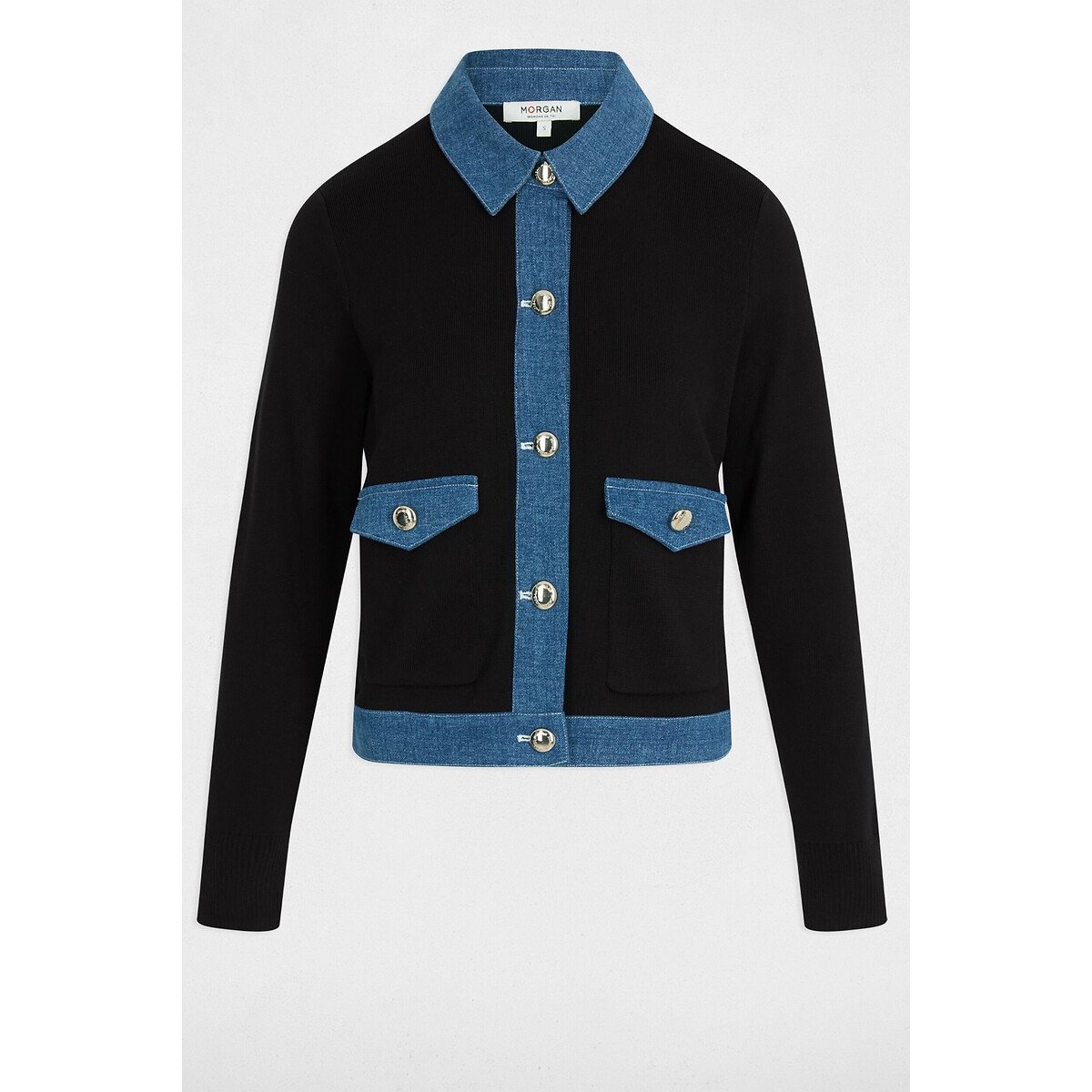 Gilet manches longues boutonné, col chemise noir, MORGAN
