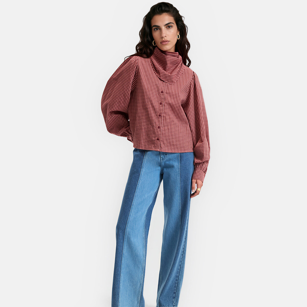 Camisa xadrez com gola tipo lenço e mangas compridas quadrados bordeaux, LA REDOUTE COLLECTIONS