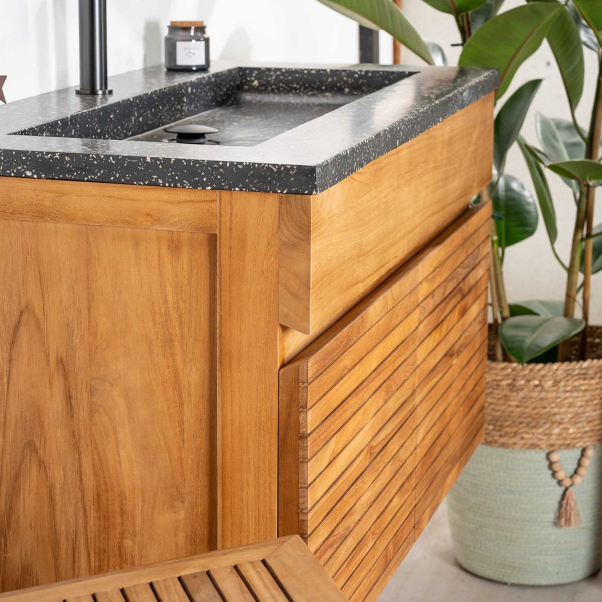 Meuble salle de bain en teck et terrazzo noir Aktual 90cm noir, WANDA COLLECTION