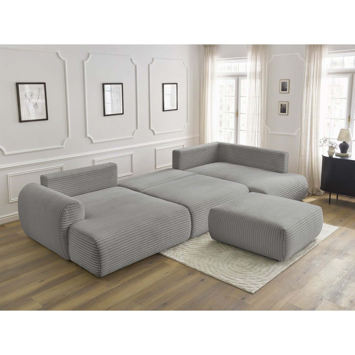 Canapé panoramique convertible 6 places en gros côtelé doux avec pouf, LUCIEN gris foncé, BOBOCHIC