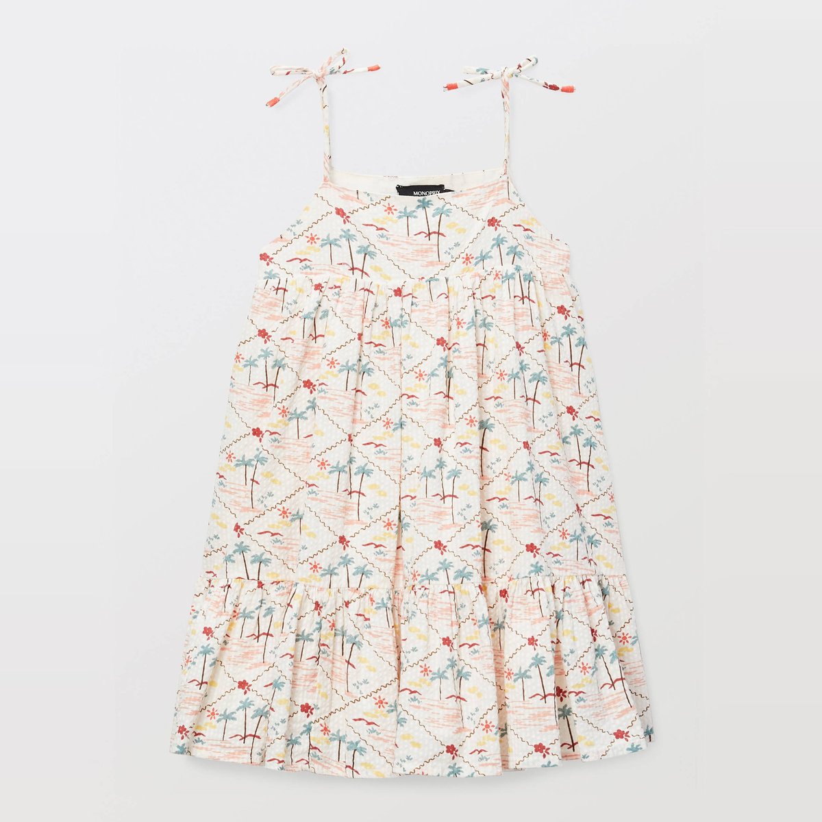 Robe courte à bretelles imprimée en coton amaretti, MONOPRIX