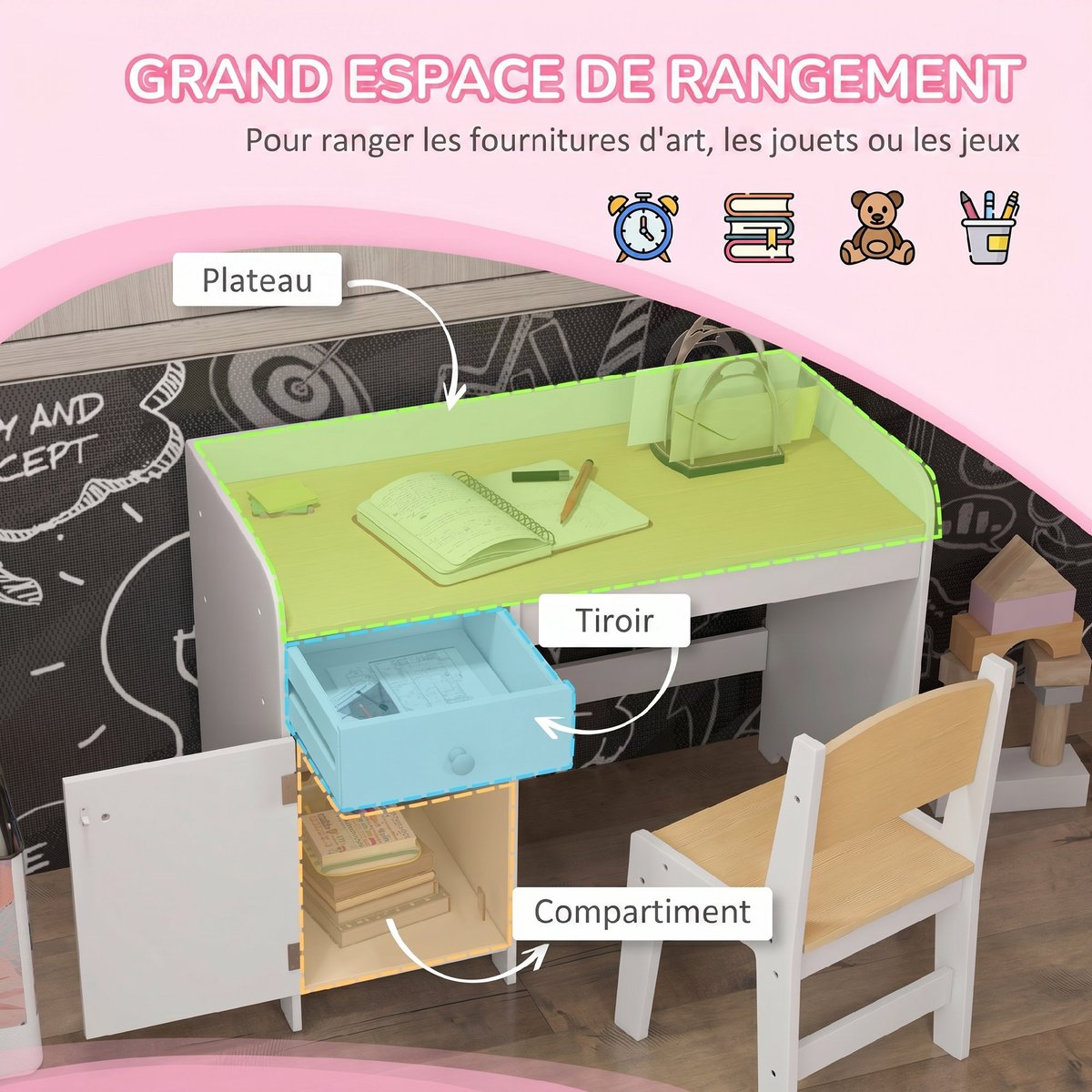 Bureau d'étude pour enfants avec chaise MDF blanc et bois clair, ZONEKIZ