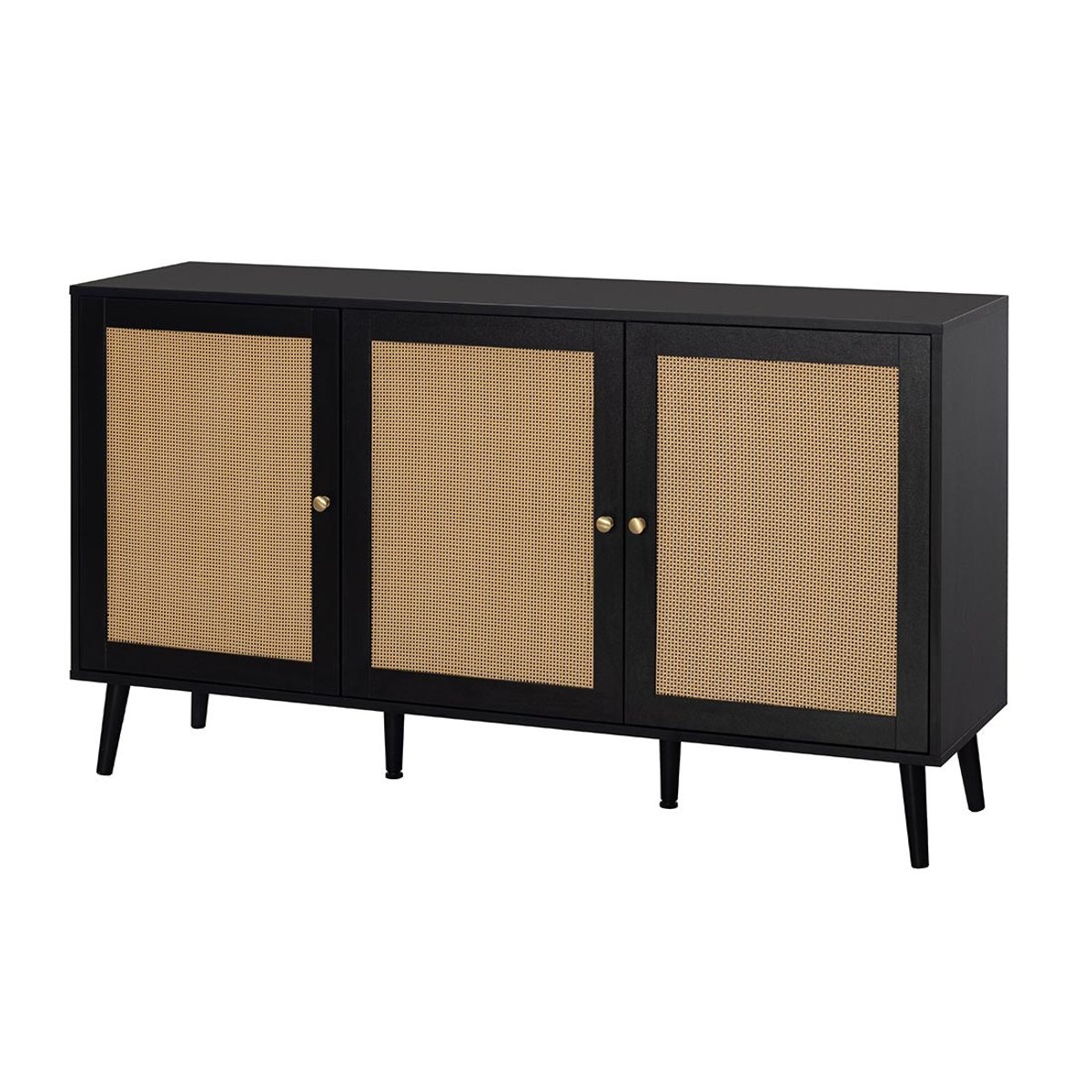 Buffet bas noir et cannage 3 portes, GOTO noir, BEST MOBILIER