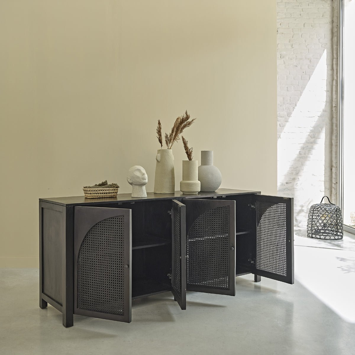 Buffet en bois massif et cannage 175 cm  ZULMA noir, BERAH GETAH