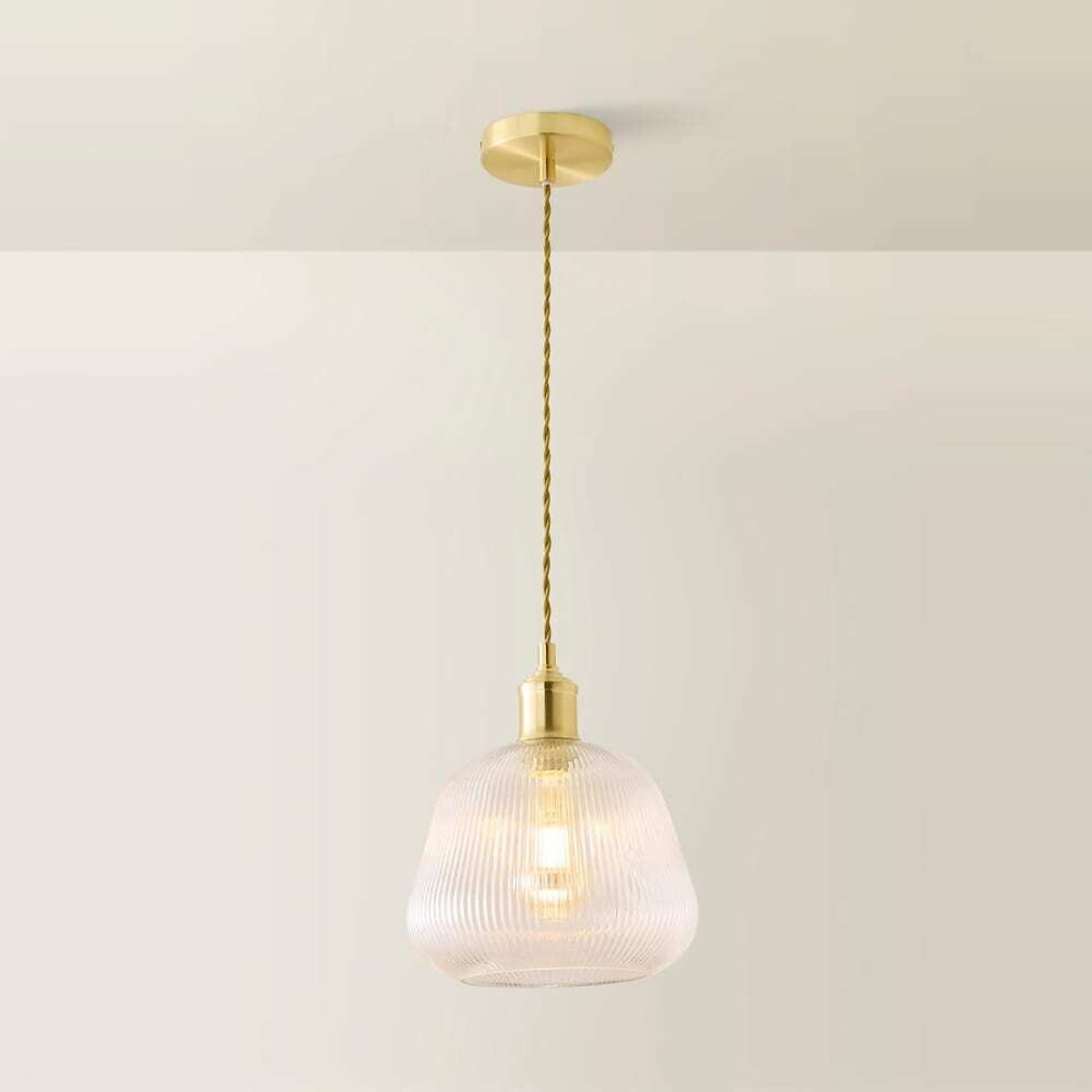 Delaney Ribbed Bell Glass Pendant Light with Filament Bulb brushed gold, ÉDITÉ