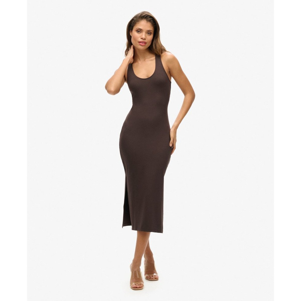 Robe mi-longue en jersey à encolure dégagée chêne marron foncé, SUPERDRY