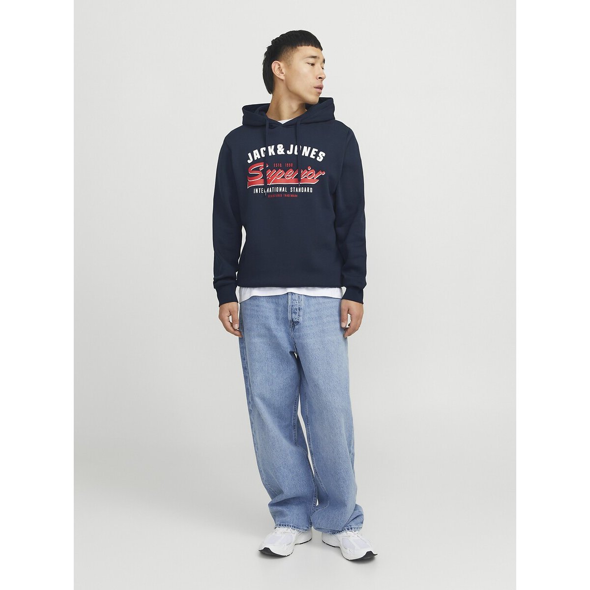 Sweat droit à capuche à logo bleu foncé, JACK & JONES