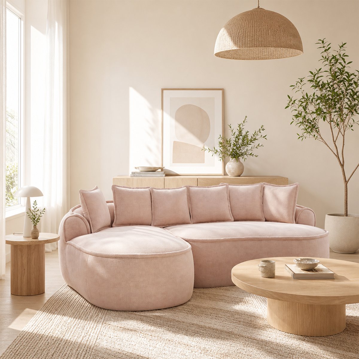 Canapé d’angle avec méridienne gauche, PASSEOLC rose, MEUBLES COSY