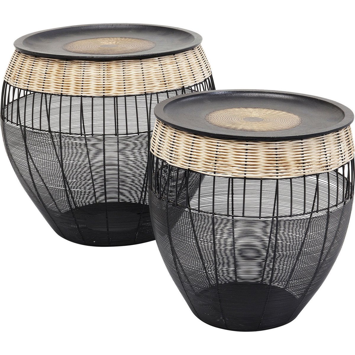 Lot de 2 tables d'appoint en acier et rotin, AFRICAN DRUMS noir, KARE DESIGN