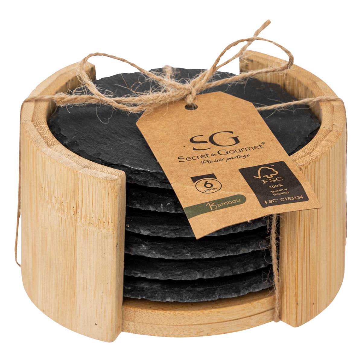 Lot de 6 dessous de verre en pierre ARDOISE noir, SECRET DE GOURMET