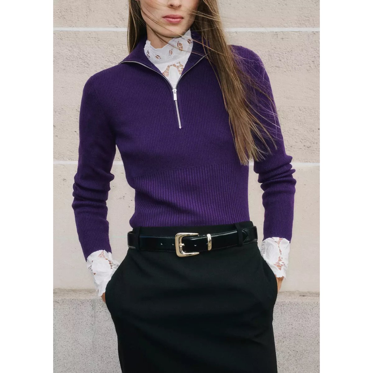 Pull-over zippé maille côtelée pourpre, MANGO