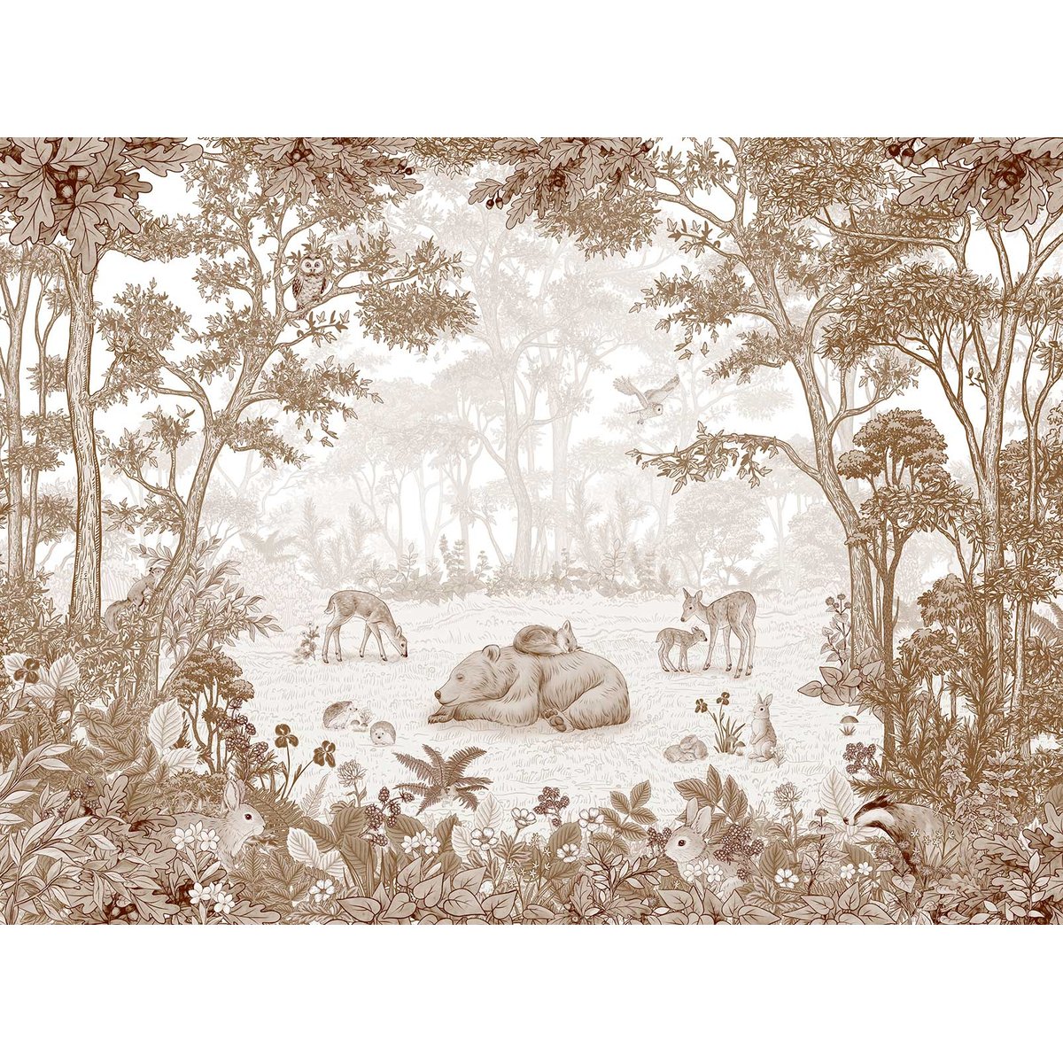 Papier enfant Ours paisible dans la forêt beige, HEXOA