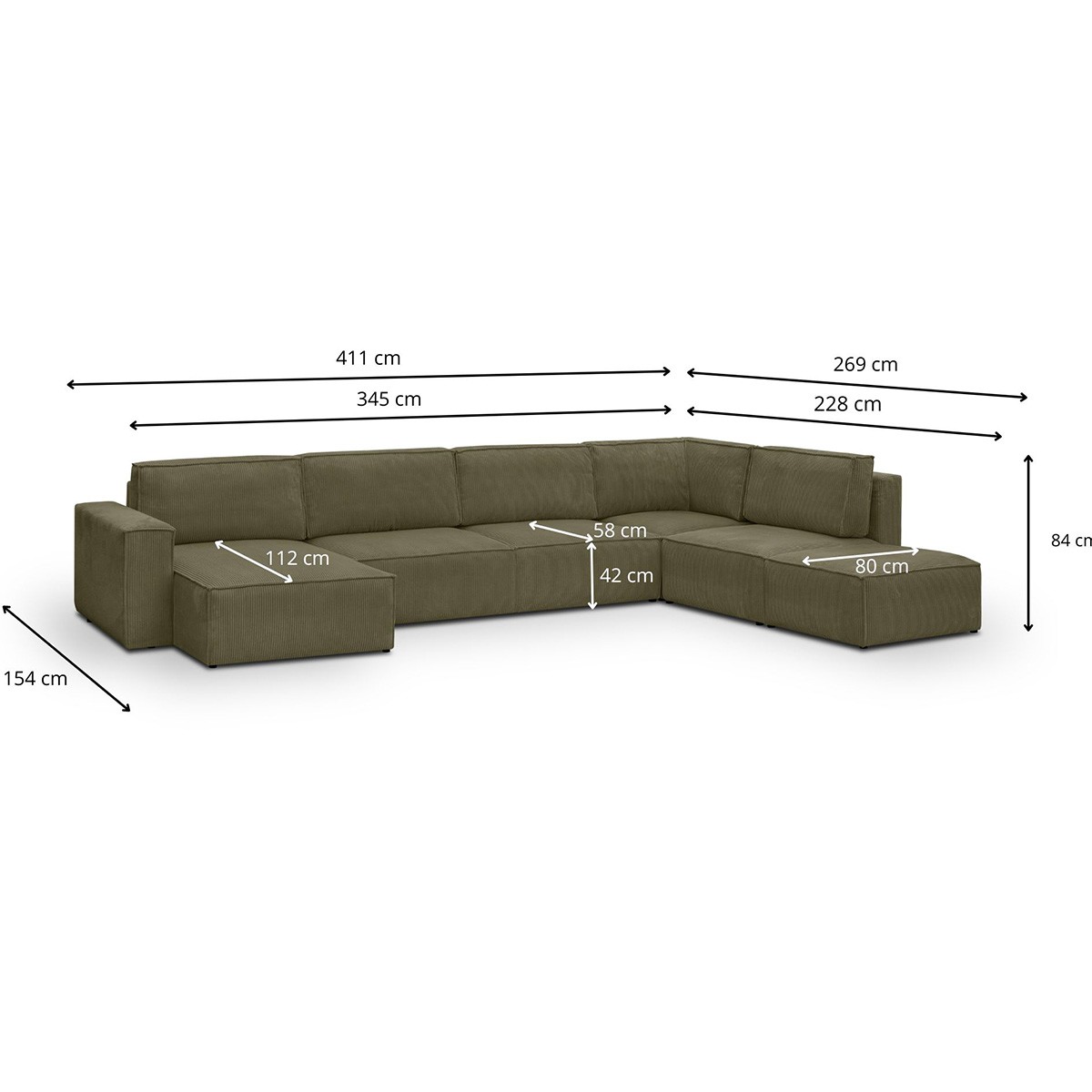 Canapé d'angle droit convertible 8+1 places en velours côtelé - HARPER MOD vert kaki, HOMIFAB