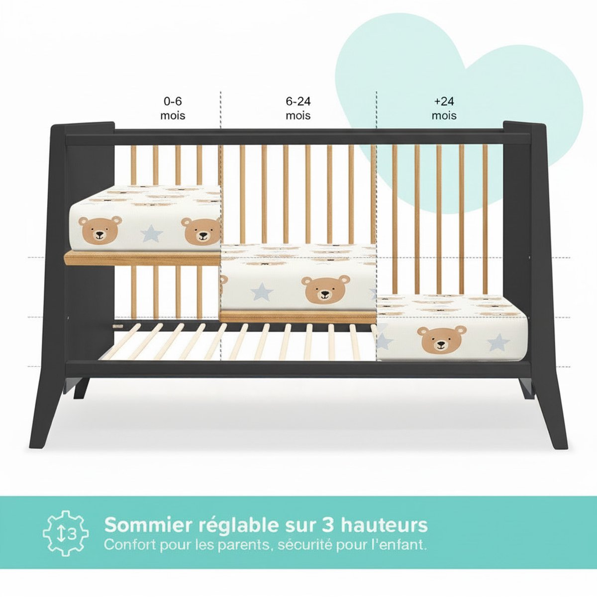 Lit bébé évolutif Timeo - Espace qui grandit gris, MINEA