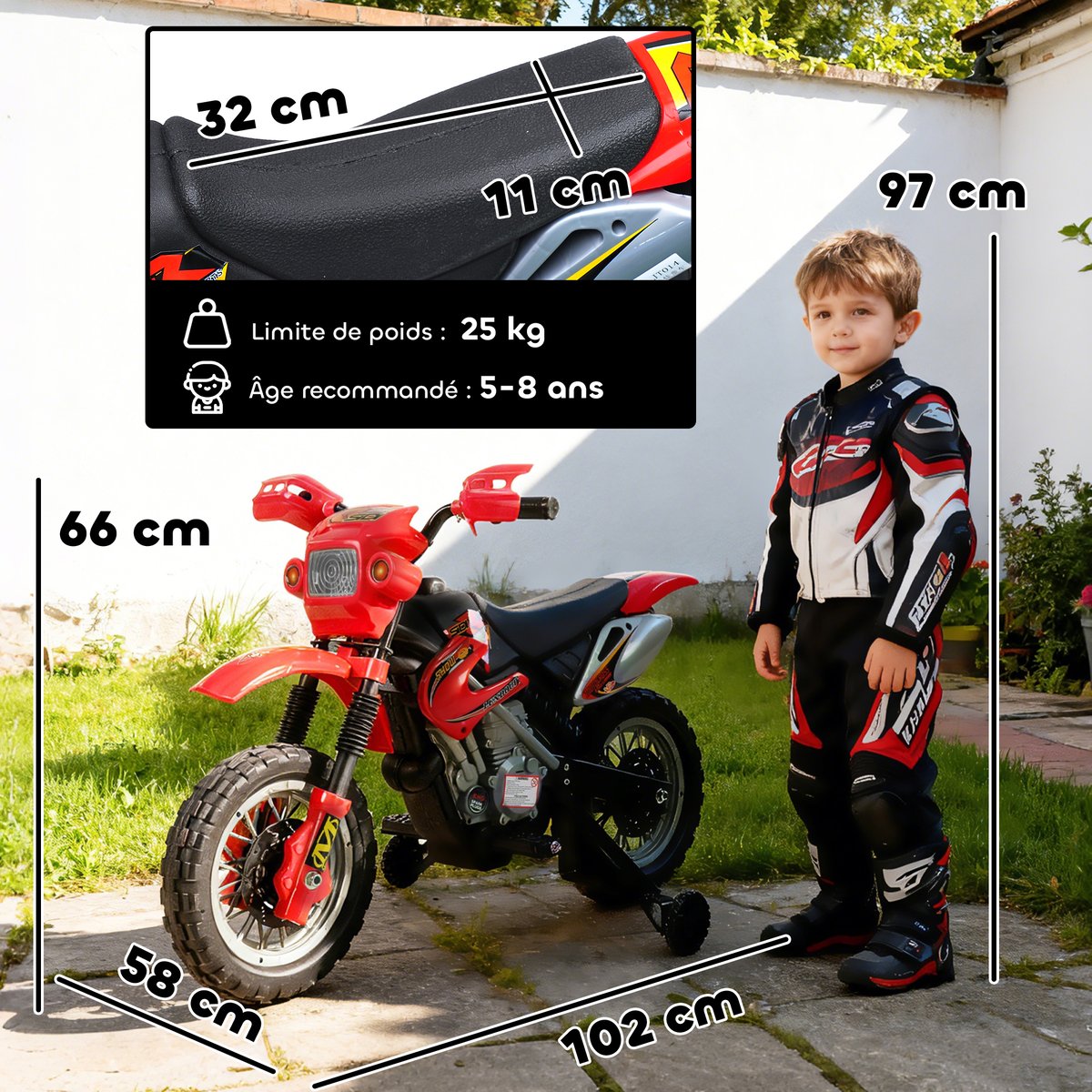 Moto électrique à conducteur assis Métal rouge, HOMCOM