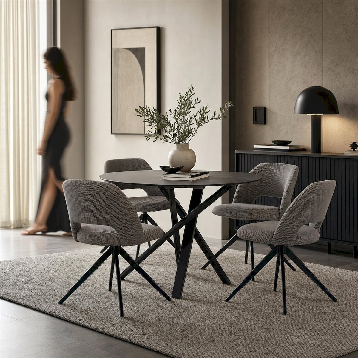 Chaise pivotante VERSELDE en tissu gris cendré et noir, RECOLLECTION